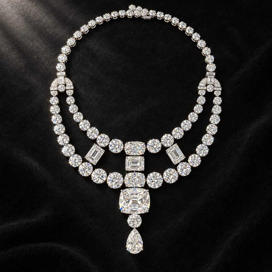 Diamond necklace, double row with cushion-cut centre stone and pear drop